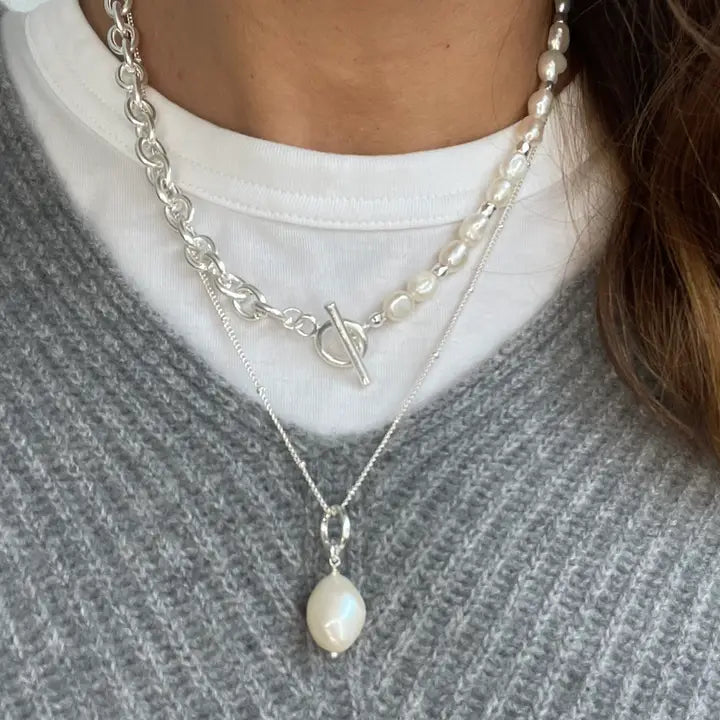 Brittany Necklace - Silver Plated/Baroque Pearl
