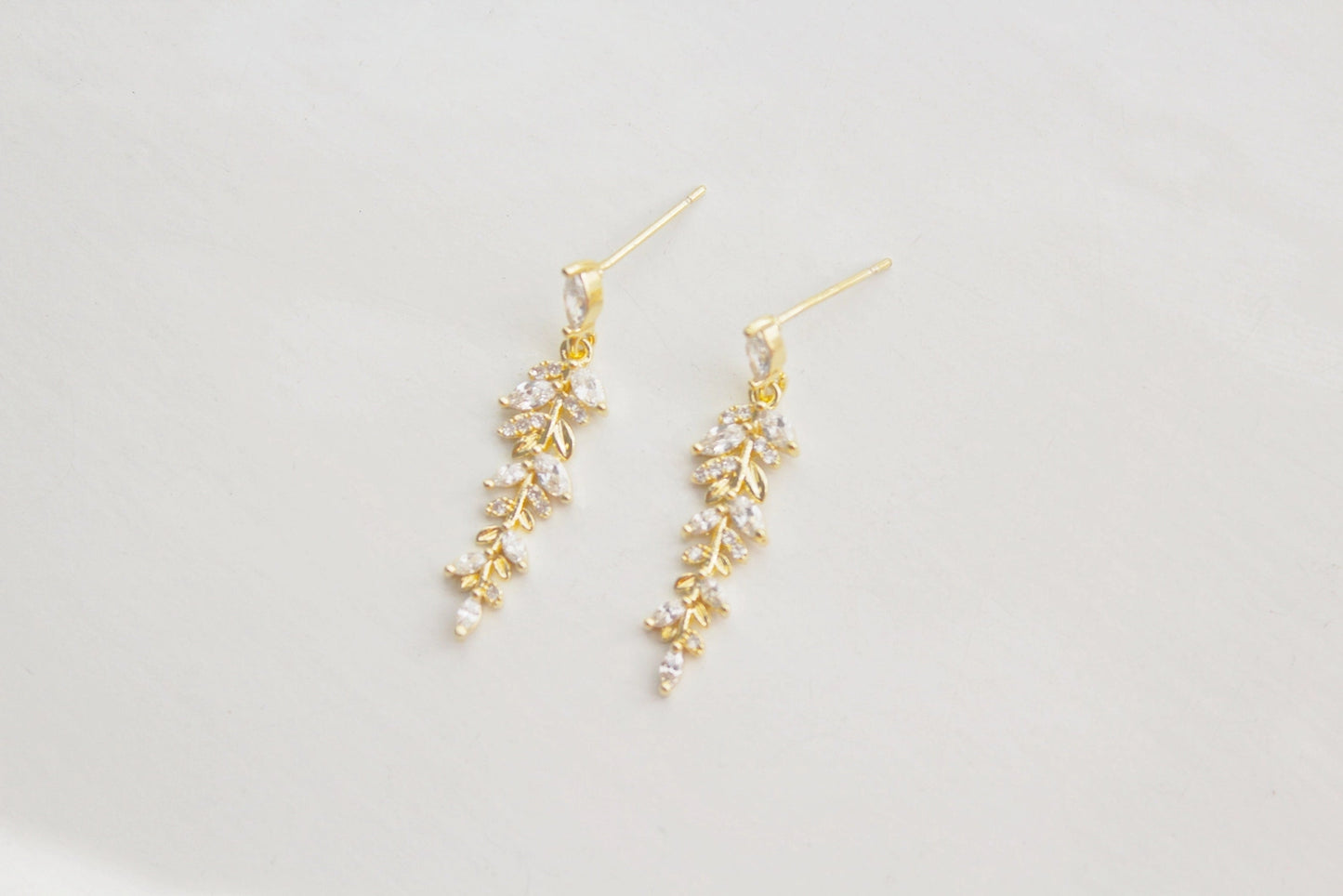 Gold and Crystal Willow Leaf Dangle Drop Earrings