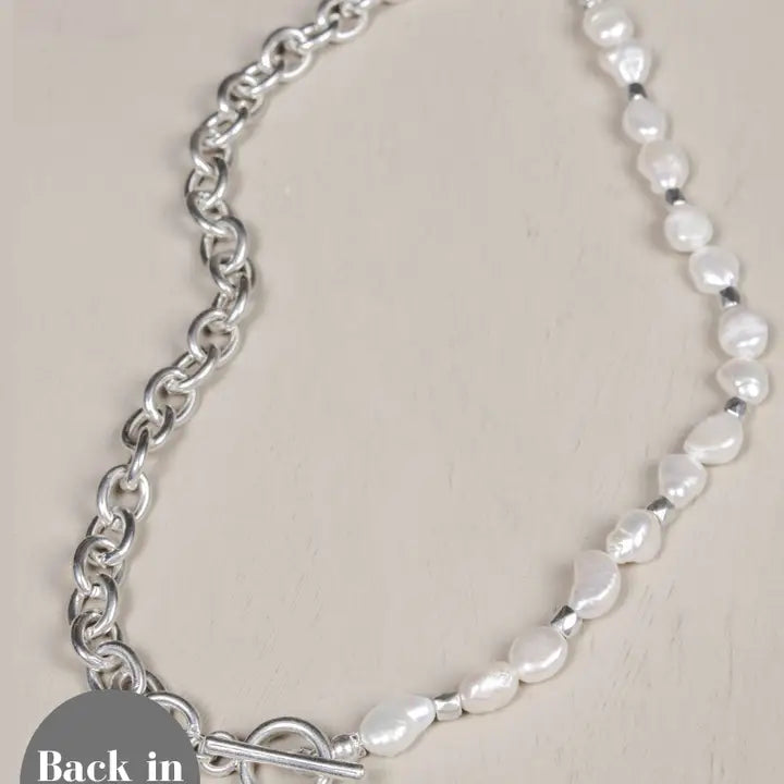 Brittany Necklace - Silver Plated/Baroque Pearl
