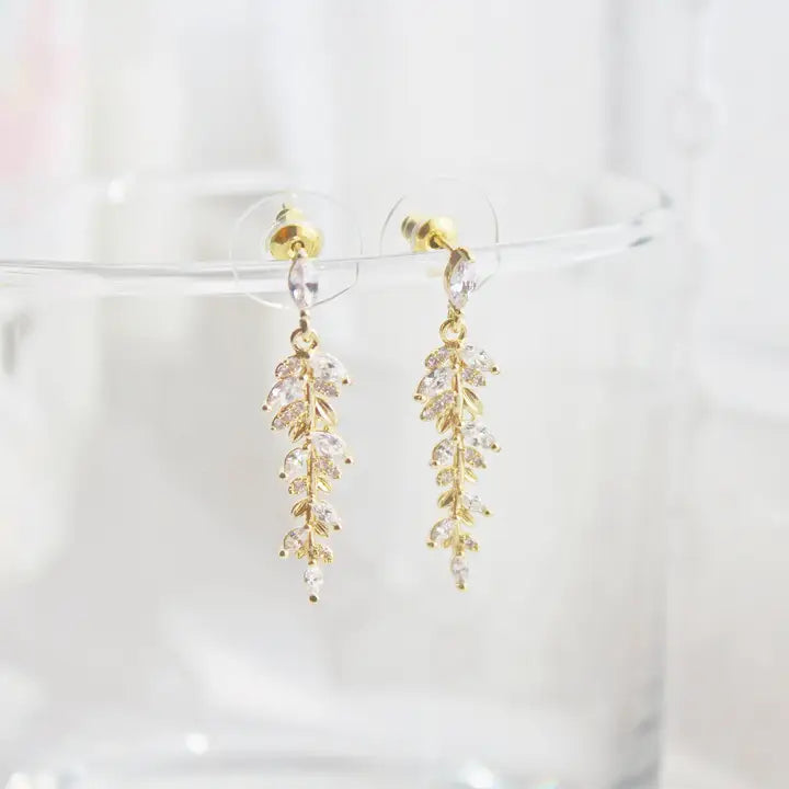 Gold and Crystal Willow Leaf Dangle Drop Earrings