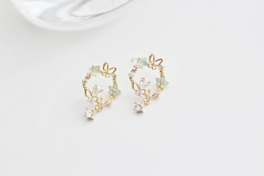 Gold Butterfly Flower Earrings - Flower Wreath & Mini Drop