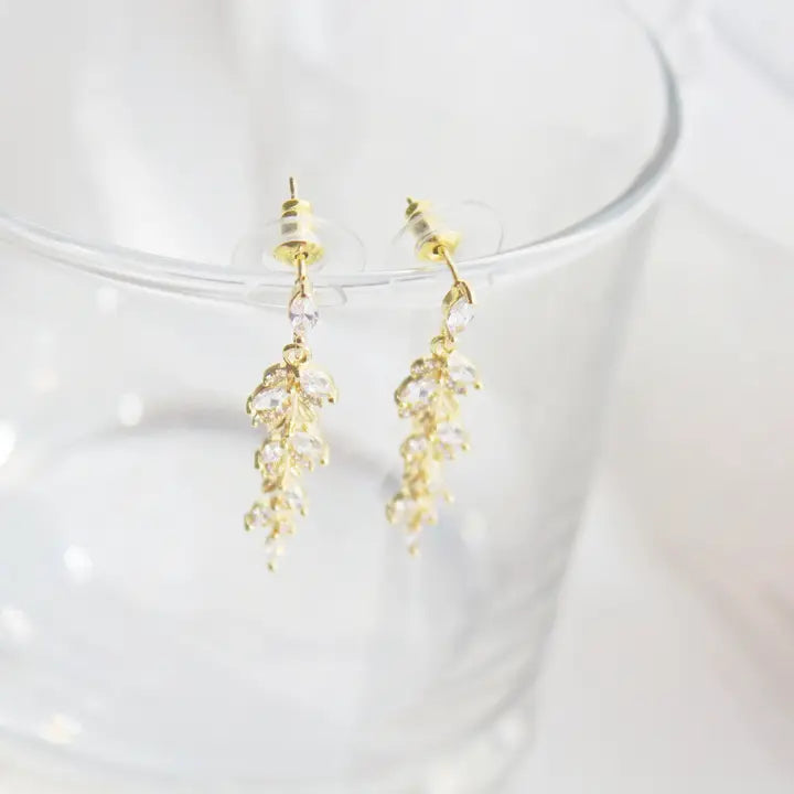 Gold and Crystal Willow Leaf Dangle Drop Earrings