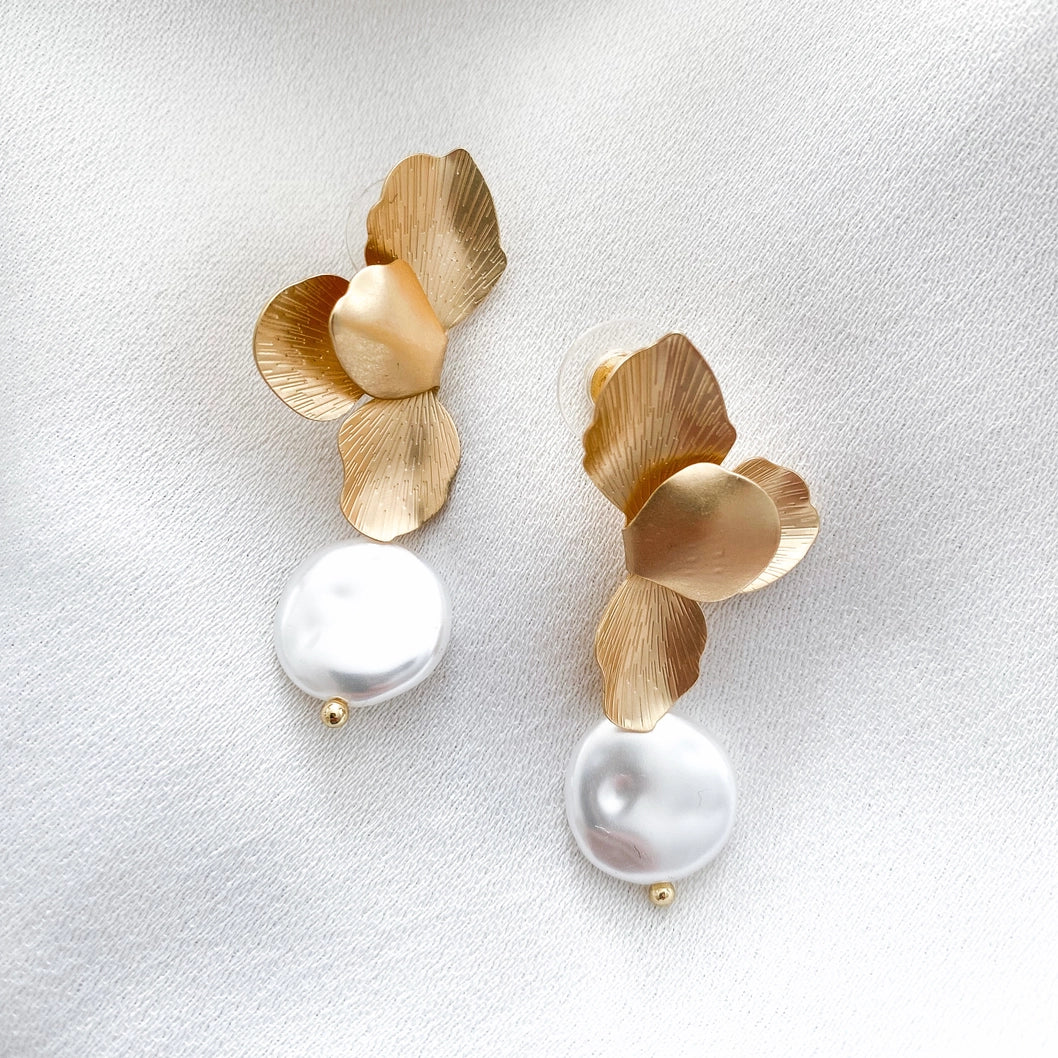 Gold Folded Flower Pearl Earrings