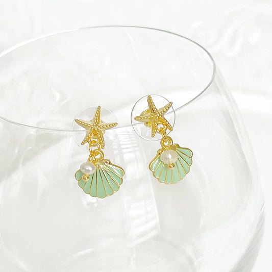 Gold Starfish and Green Seashell with Mini Pearl Drop Earring