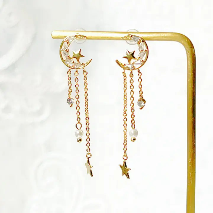 Peaceful Night Moon and Stars Drop Earrings