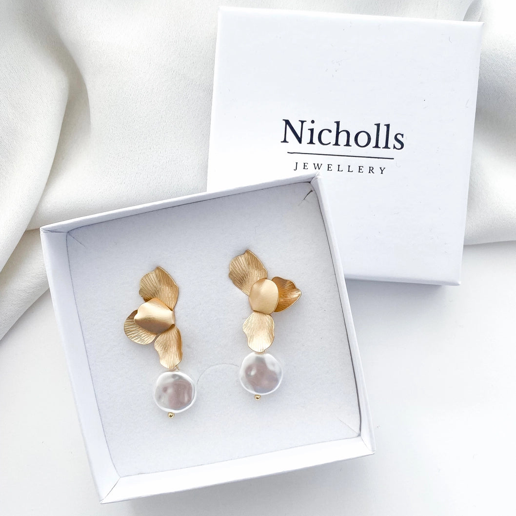 Gold Folded Flower Pearl Earrings