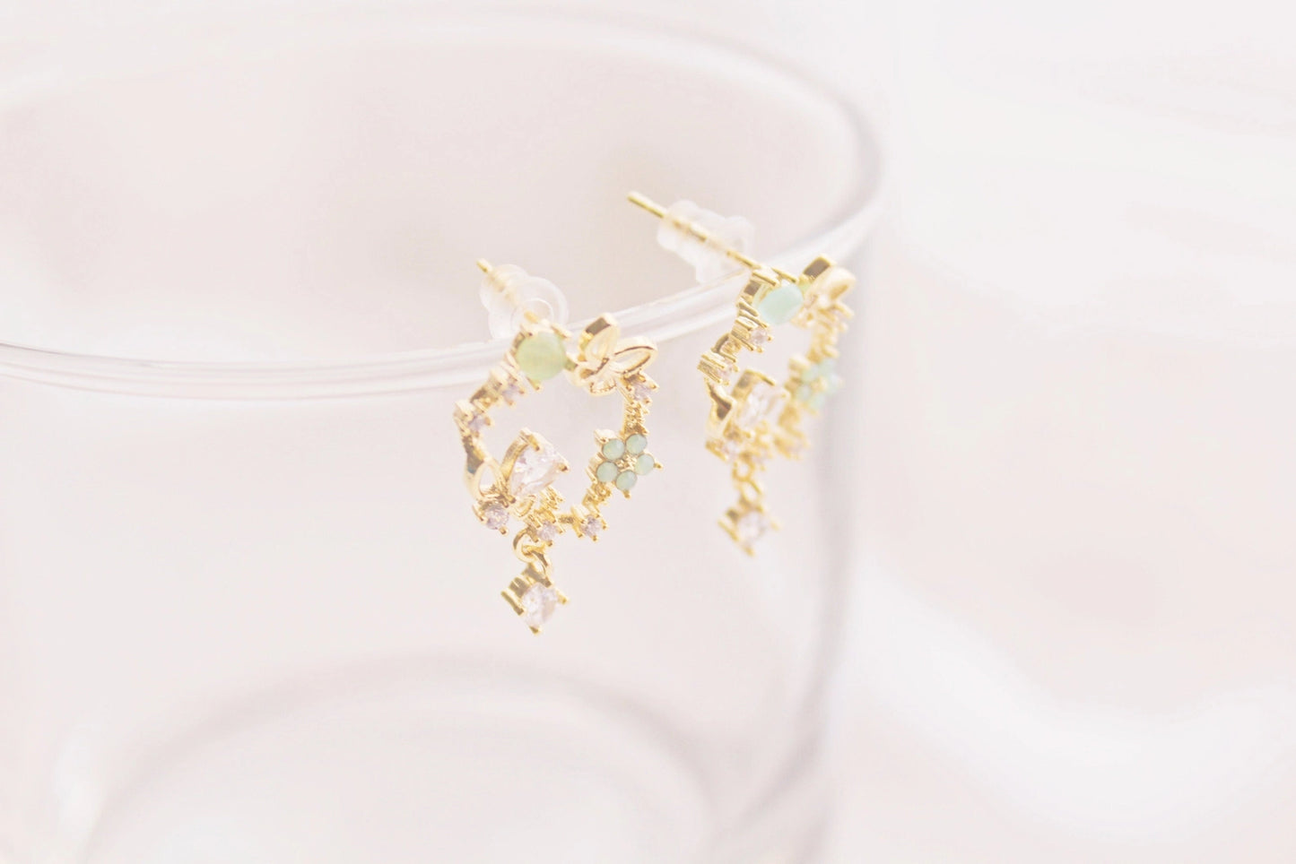 Gold Butterfly Flower Earrings - Flower Wreath & Mini Drop