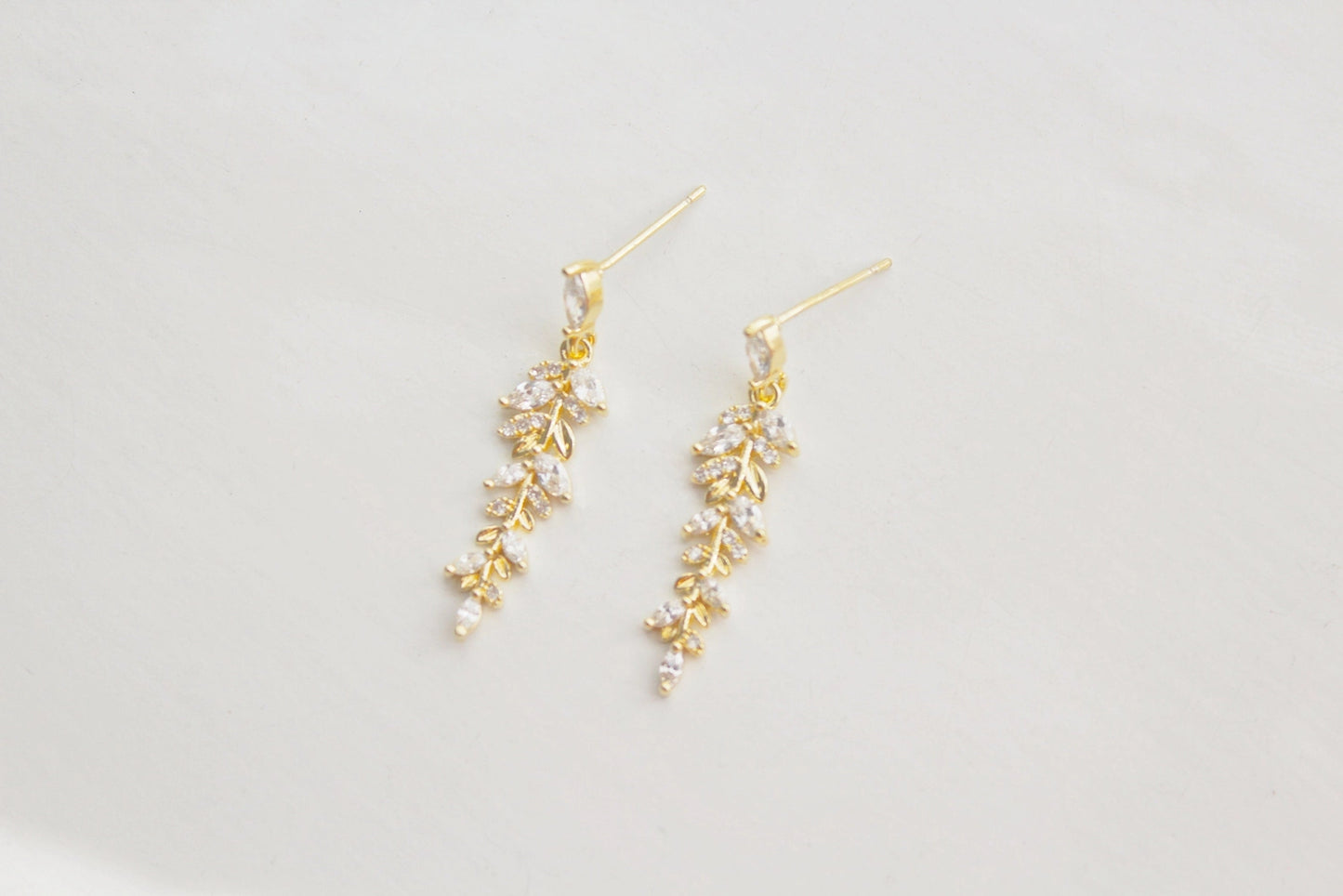 Gold and Crystal Willow Leaf Dangle Drop Earrings