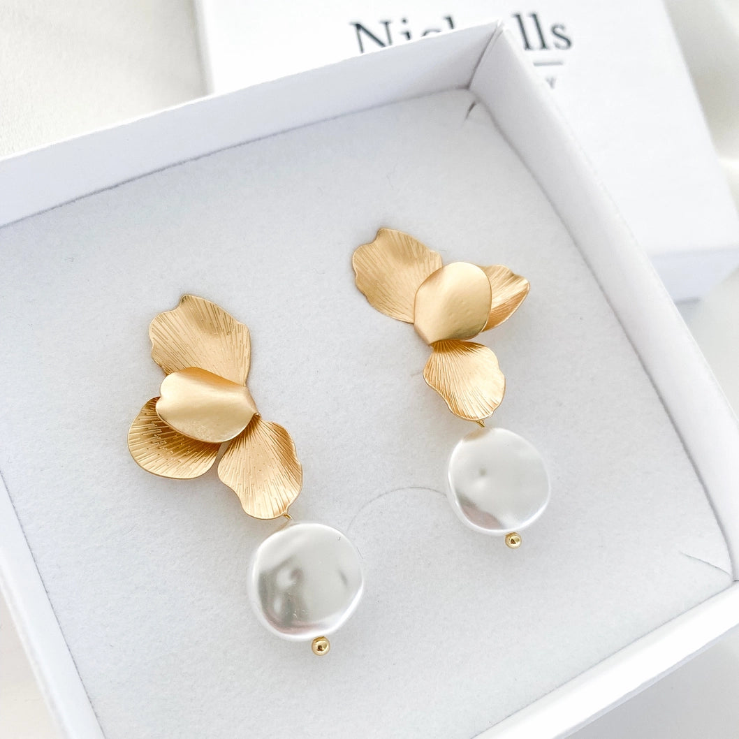 Gold Folded Flower Pearl Earrings