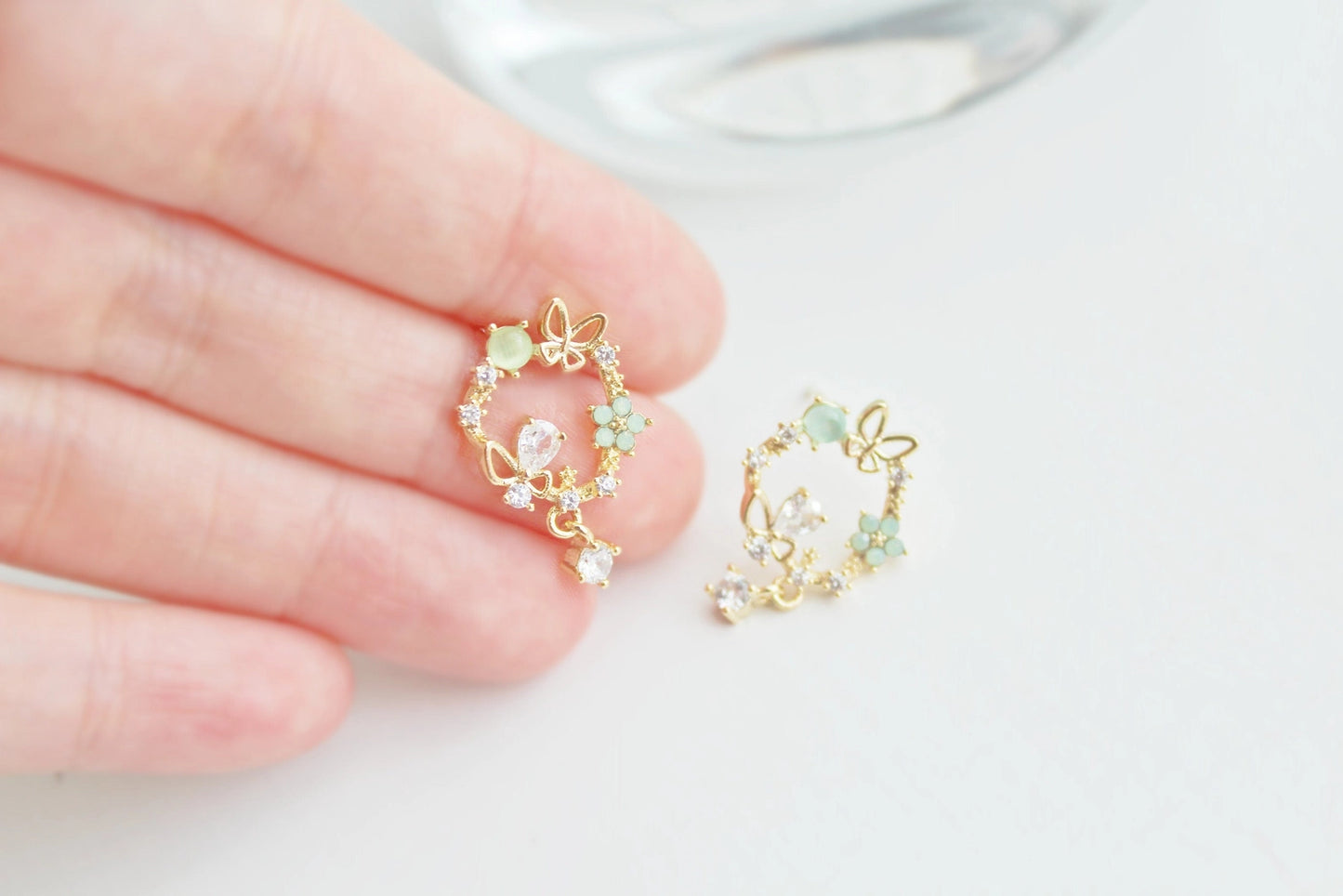 Gold Butterfly Flower Earrings - Flower Wreath & Mini Drop