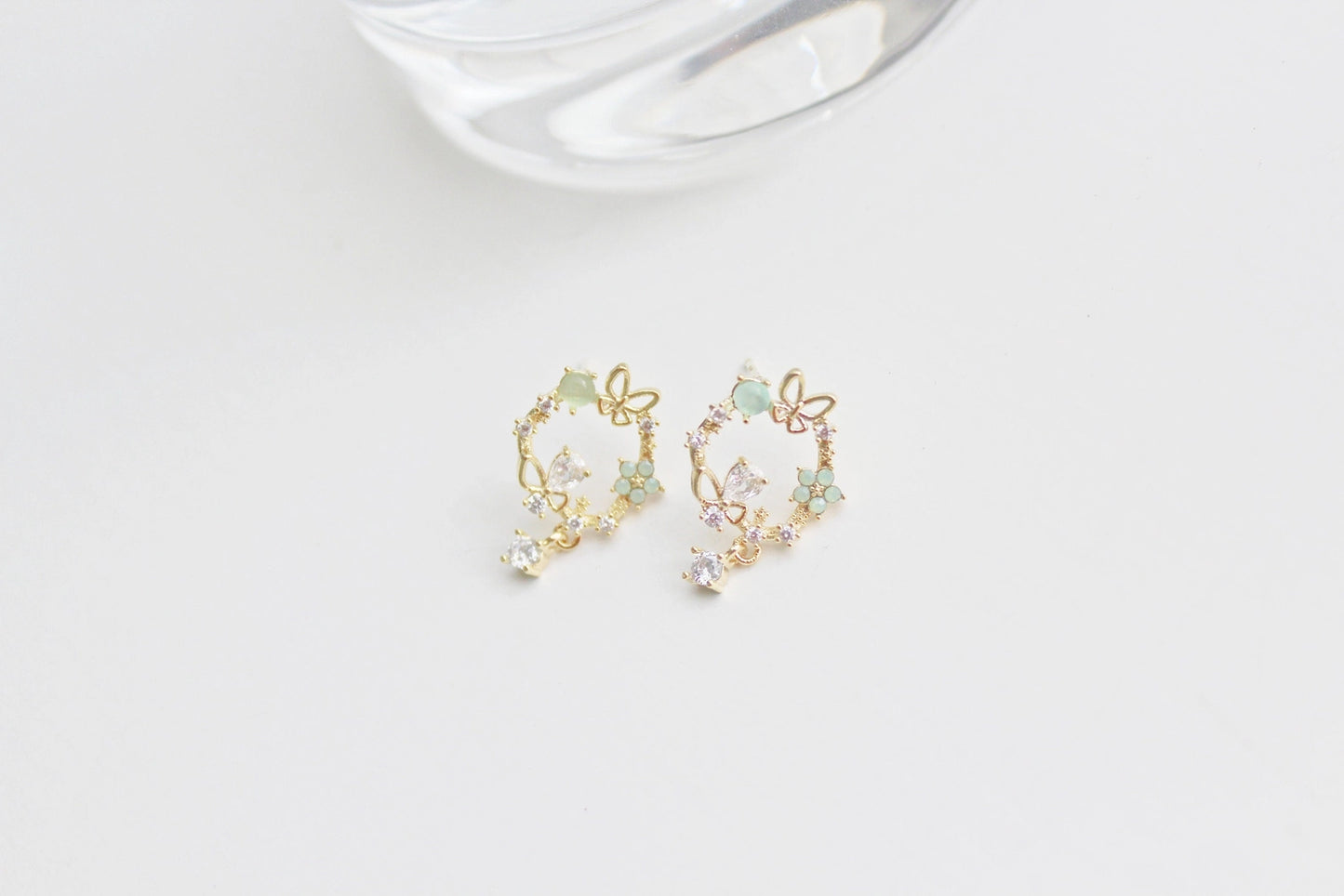 Gold Butterfly Flower Earrings - Flower Wreath & Mini Drop