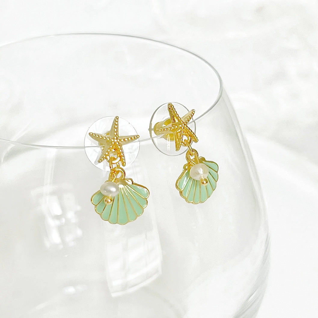 Gold Starfish and Green Seashell with Mini Pearl Drop Earring