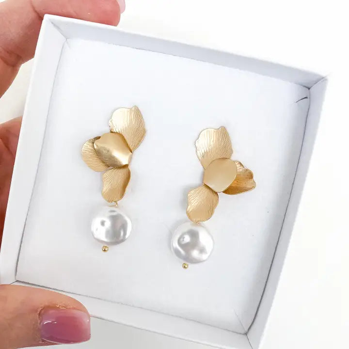 Gold Folded Flower Pearl Earrings