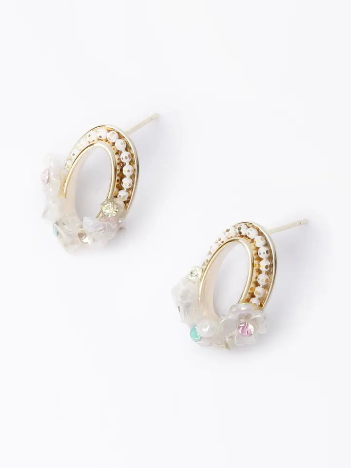 Gold and Pearl Flower Open Stud Earrings