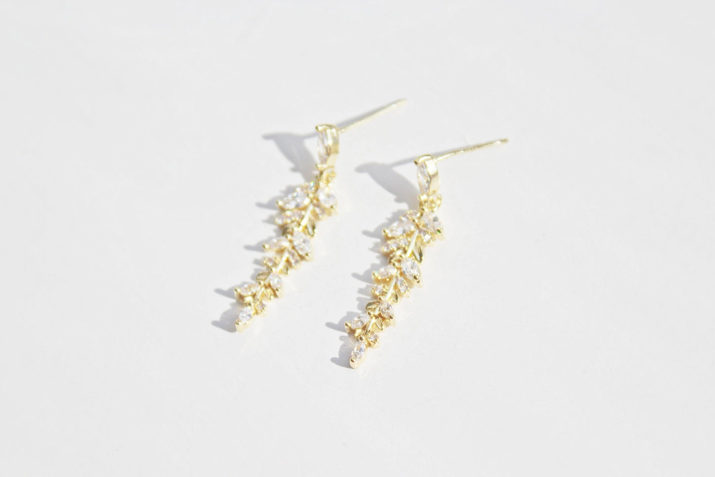 Gold and Crystal Willow Leaf Dangle Drop Earrings