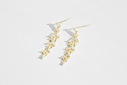 Gold and Crystal Willow Leaf Dangle Drop Earrings