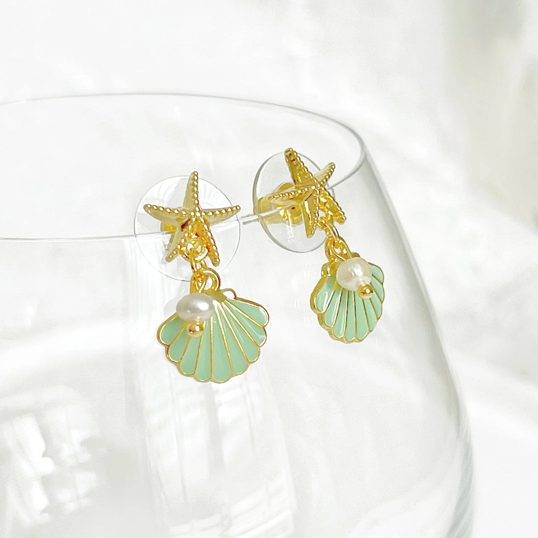 Gold Starfish and Green Seashell with Mini Pearl Drop Earring