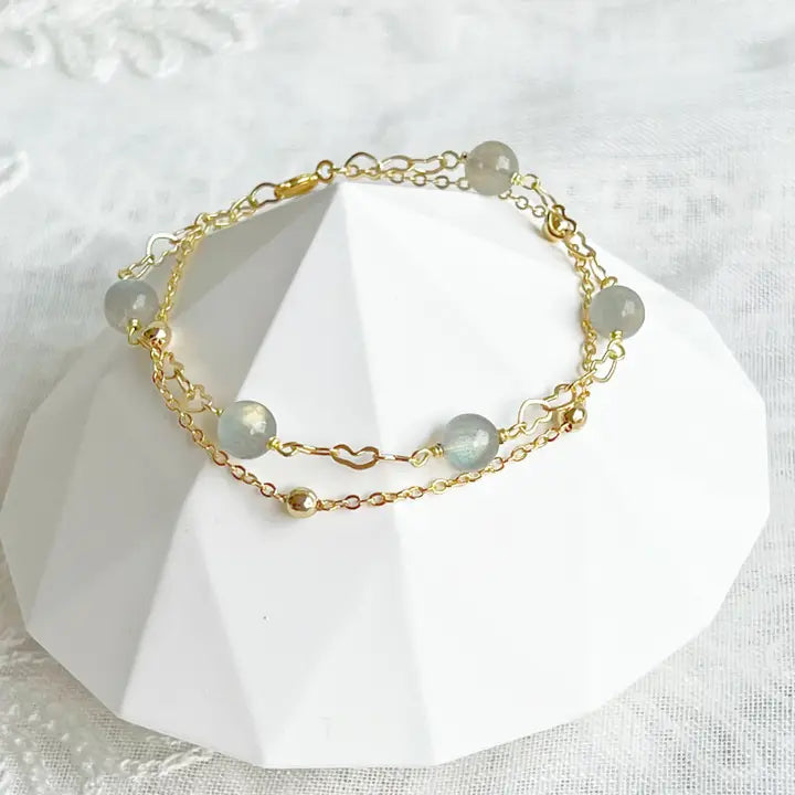 Moonstone Gold Heart Double Chain Bracelet