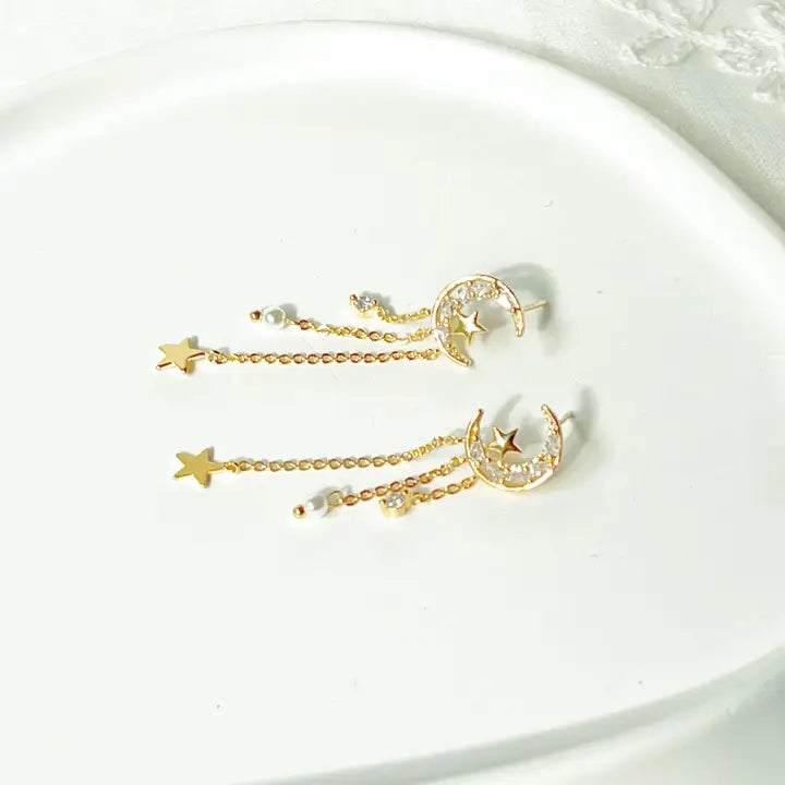 Peaceful Night Moon and Stars Drop Earrings