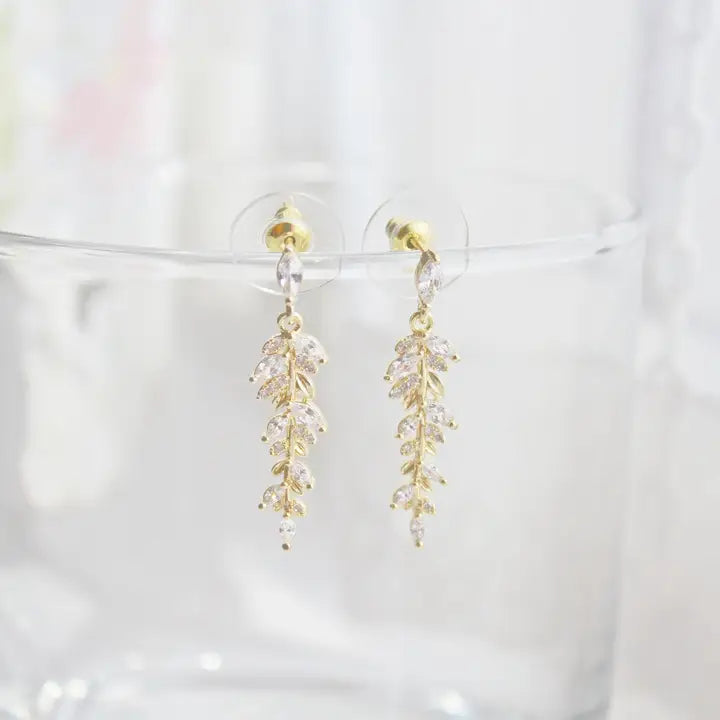 Gold and Crystal Willow Leaf Dangle Drop Earrings