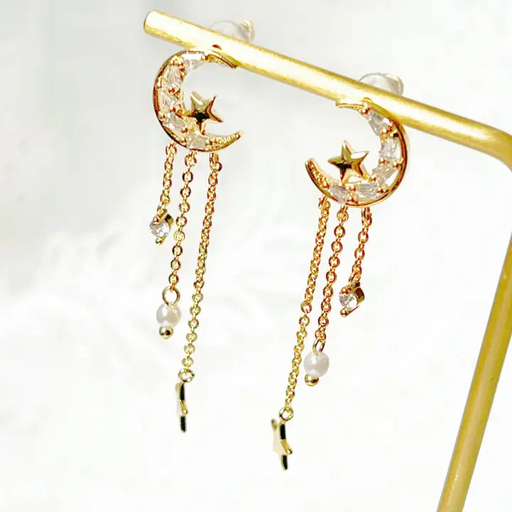 Peaceful Night Moon and Stars Drop Earrings