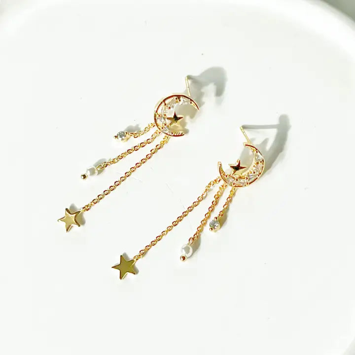 Peaceful Night Moon and Stars Drop Earrings