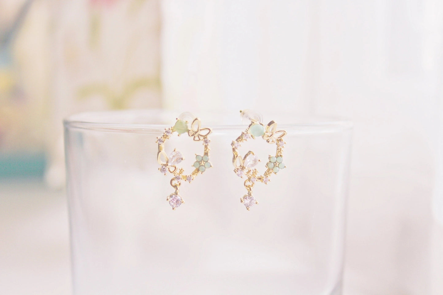 Gold Butterfly Flower Earrings - Flower Wreath & Mini Drop